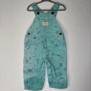 VTG Okie Dokie Toddler Overall Aqua Floral Discolored Corduroy Snaps 18 Months